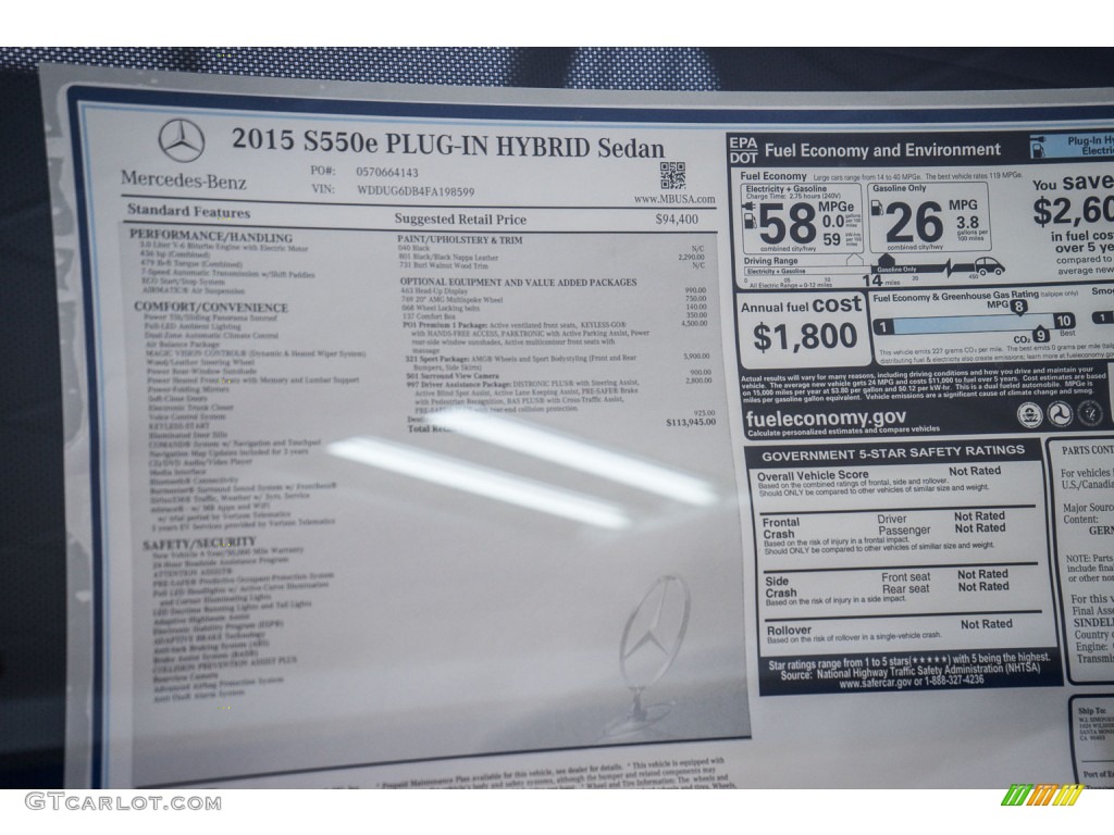2015 Mercedes-Benz S 550e Plug-In Hybrid Sedan Window Sticker Photo #107846883