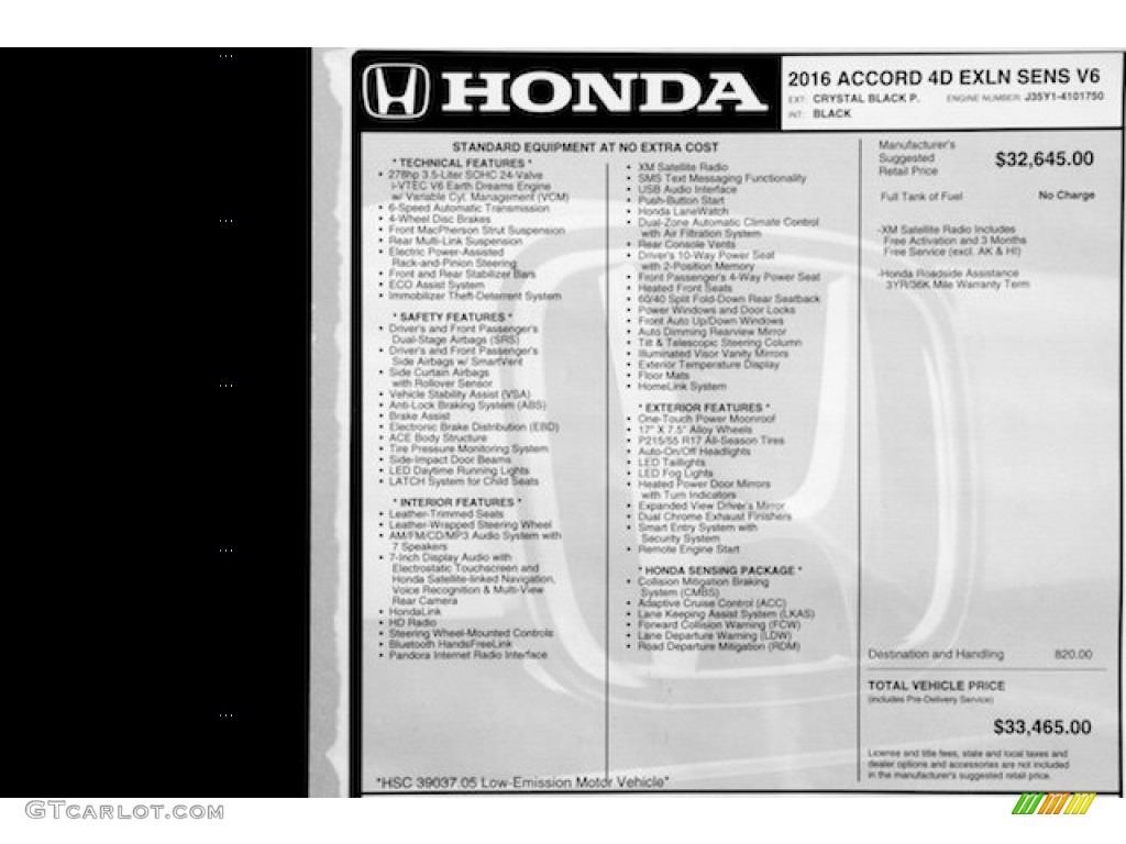 2016 Accord EX-L V6 Sedan - Crystal Black Pearl / Black photo #19