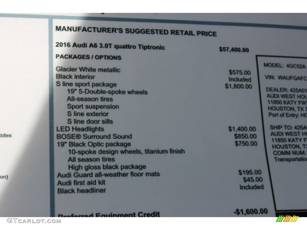 2016 Audi A6 3.0 TFSI Premium Plus quattro Window Sticker Photos