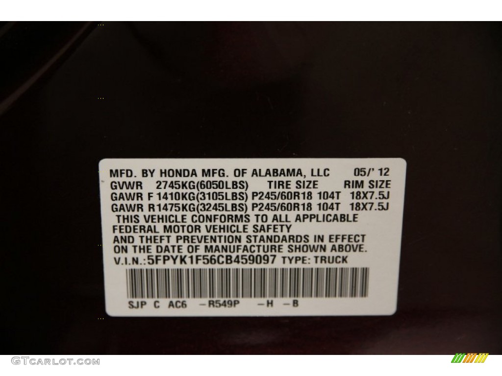 2012 Ridgeline Color Code R549P for Dark Cherry Pearl II Photo #107993726