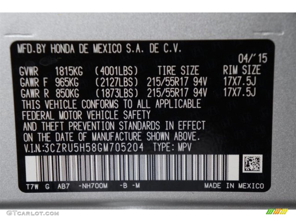 2016 HR-V EX - Alabaster Silver Metallic / Gray photo #36