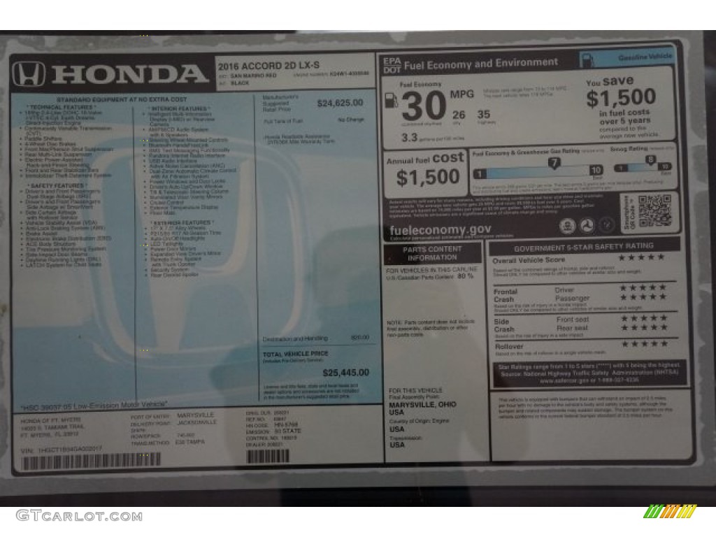 2016 Honda Accord LX-S Coupe Window Sticker Photo #108046496