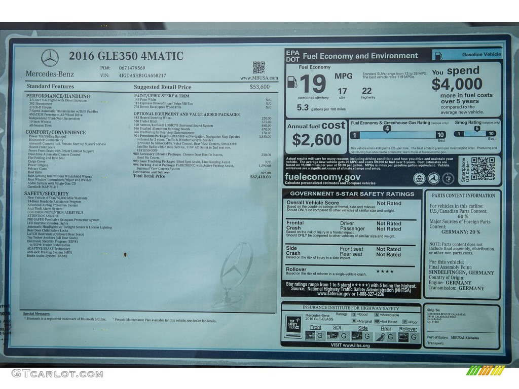 2016 Mercedes-Benz GLE 350 4Matic Window Sticker Photo #108077605