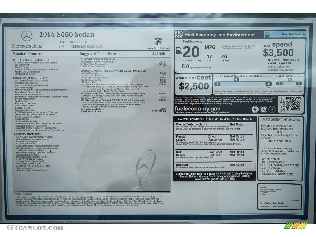 2016 Mercedes-Benz S 550 Sedan Window Sticker Photo #108078019