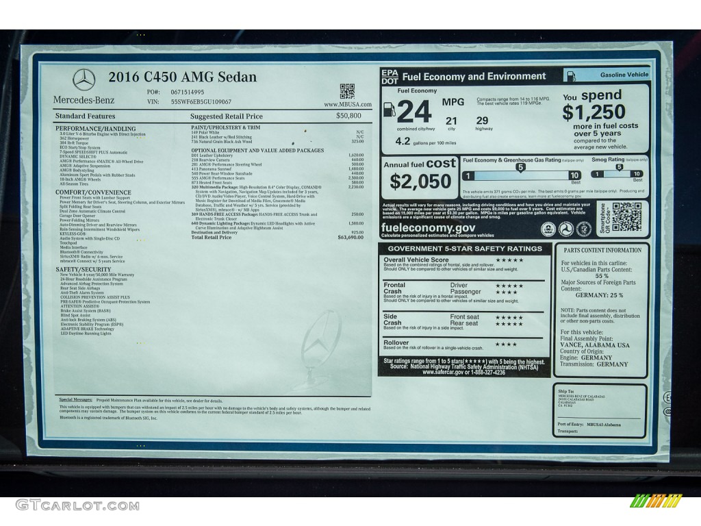 2016 Mercedes-Benz C 450 AMG Sedan Window Sticker Photo #108094973