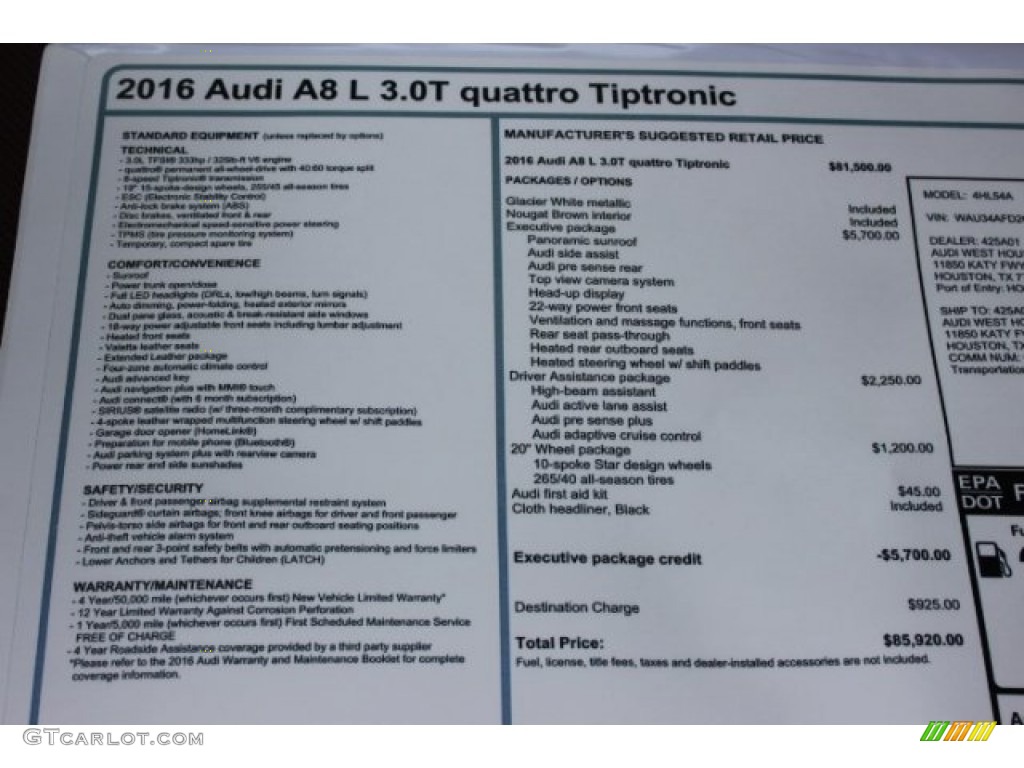 2016 Audi A8 L 3.0T quattro Window Sticker Photo #108098555