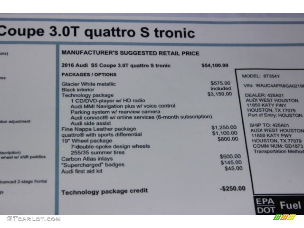 2016 Audi S5 Premium Plus quattro Coupe Window Sticker Photo #108100442