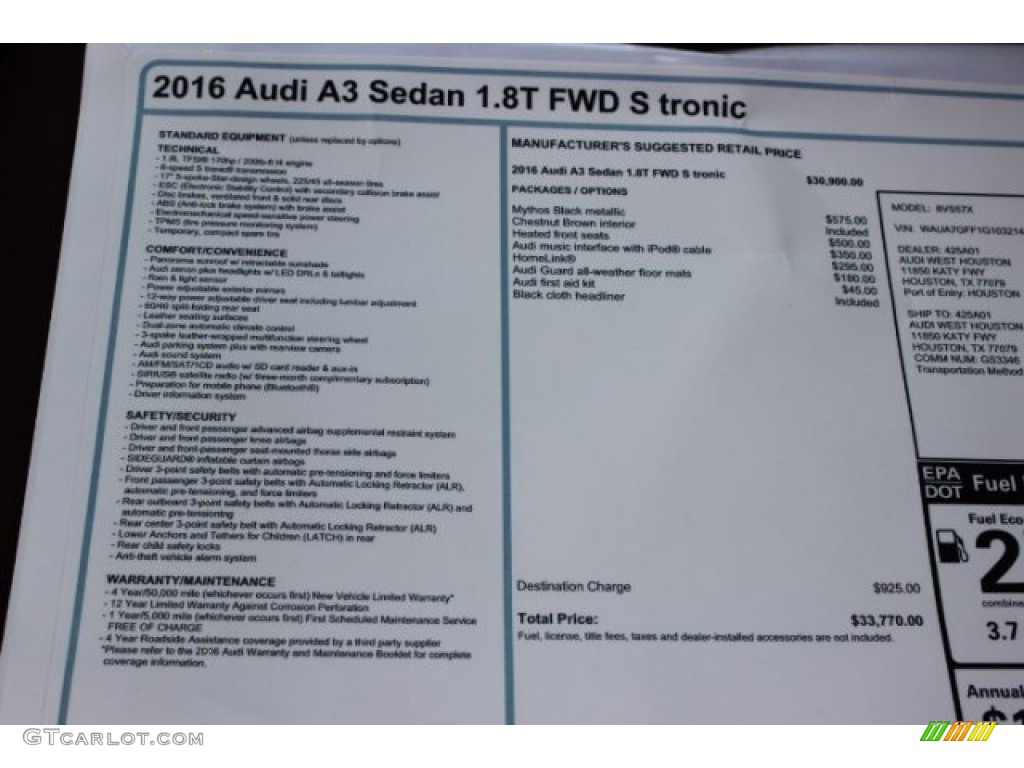 2016 Audi A3 1.8 Premium Window Sticker Photo #108101255