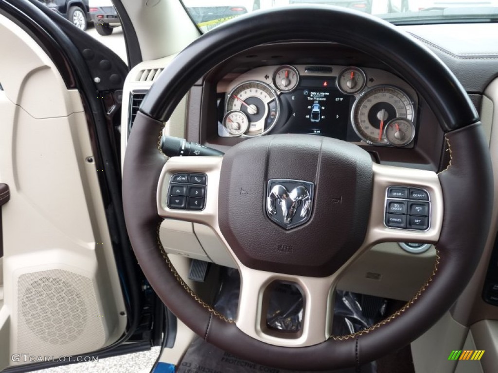 2016 Ram 1500 Laramie Longhorn Crew Cab 4x4 Canyon Brown/Light Frost Beige Steering Wheel Photo #108123471