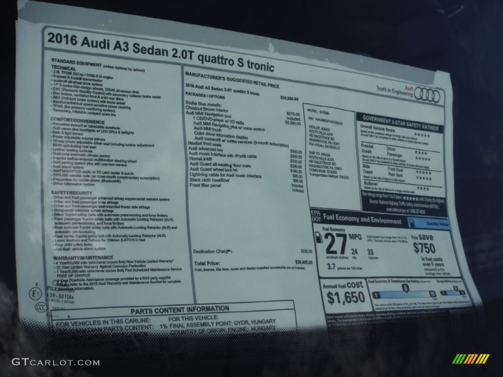 2016 Audi A3 2.0 Premium quattro Window Sticker Photo #108126753