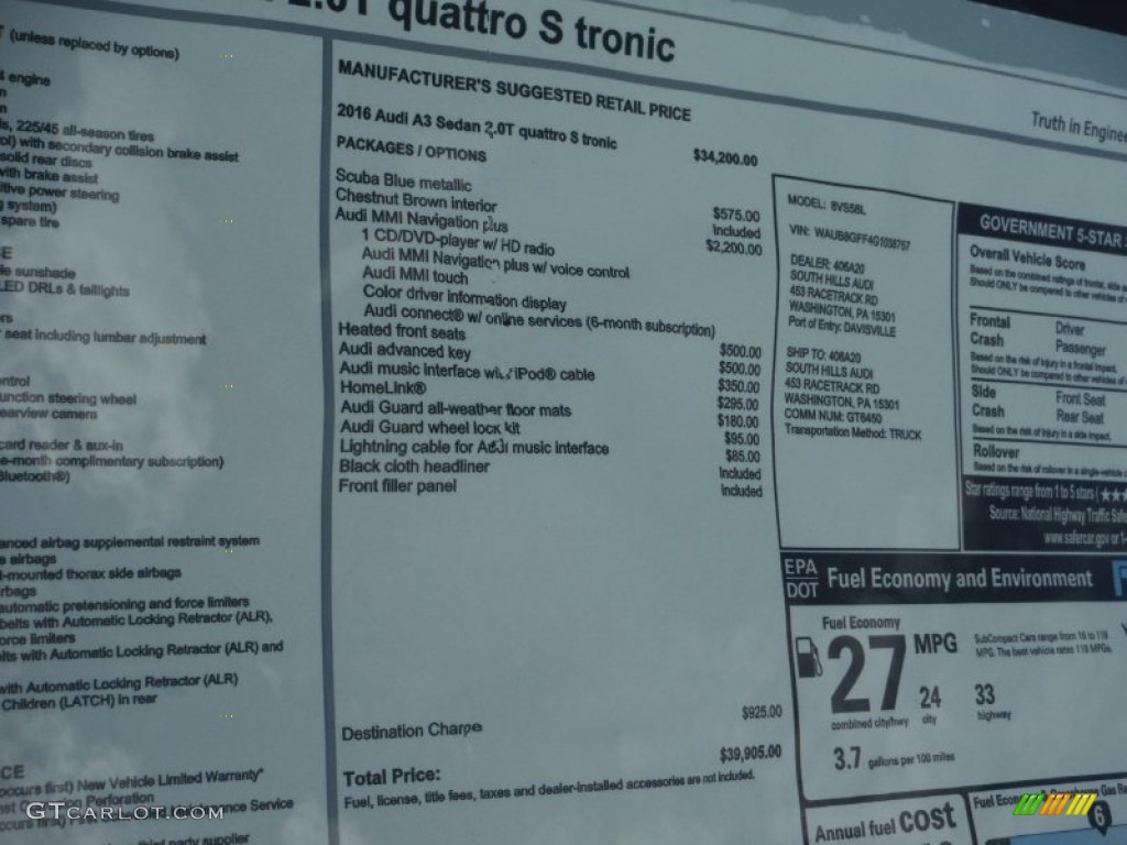 2016 Audi A3 2.0 Premium quattro Window Sticker Photos