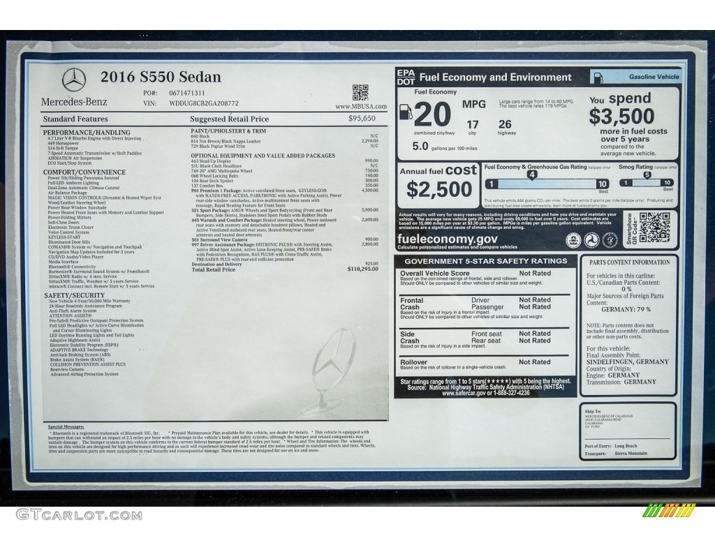 2016 Mercedes-Benz S 550 Sedan Window Sticker Photo #108135579