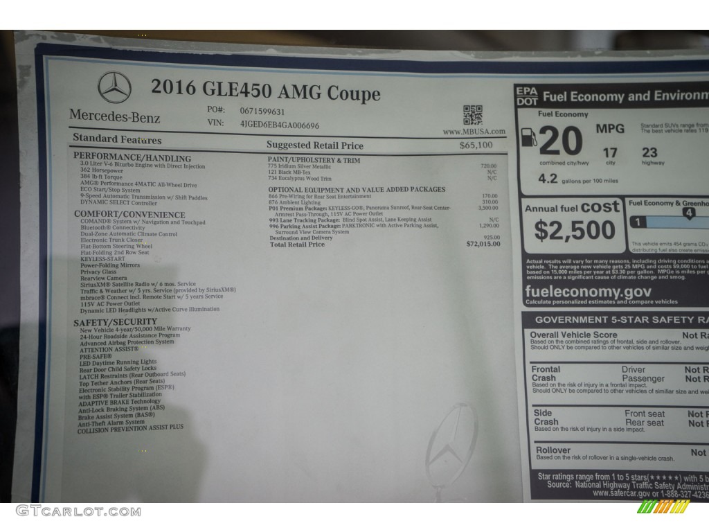 2016 Mercedes-Benz GLE 450 AMG 4Matic Coupe Window Sticker Photo #108168946