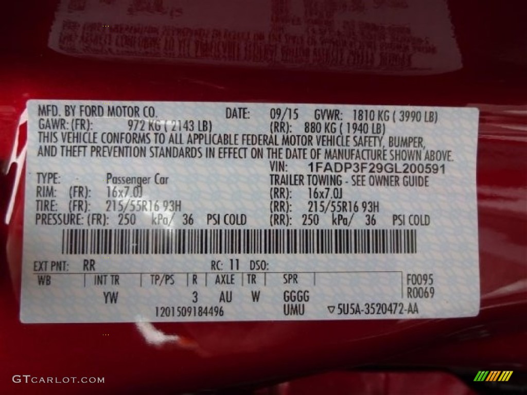 2016 Ford Focus SE Sedan Color Code Photos