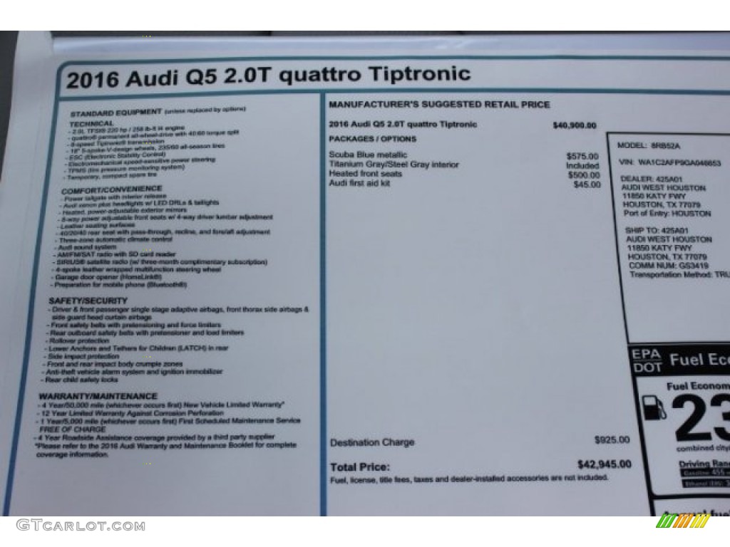 2016 Q5 2.0 TFSI Premium quattro - Scuba Blue Metallic / Titanium Gray photo #8