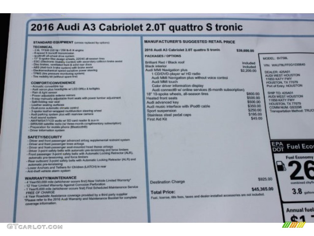2016 Audi A3 2.0 Premium quattro Cabriolet Window Sticker Photo #108204769
