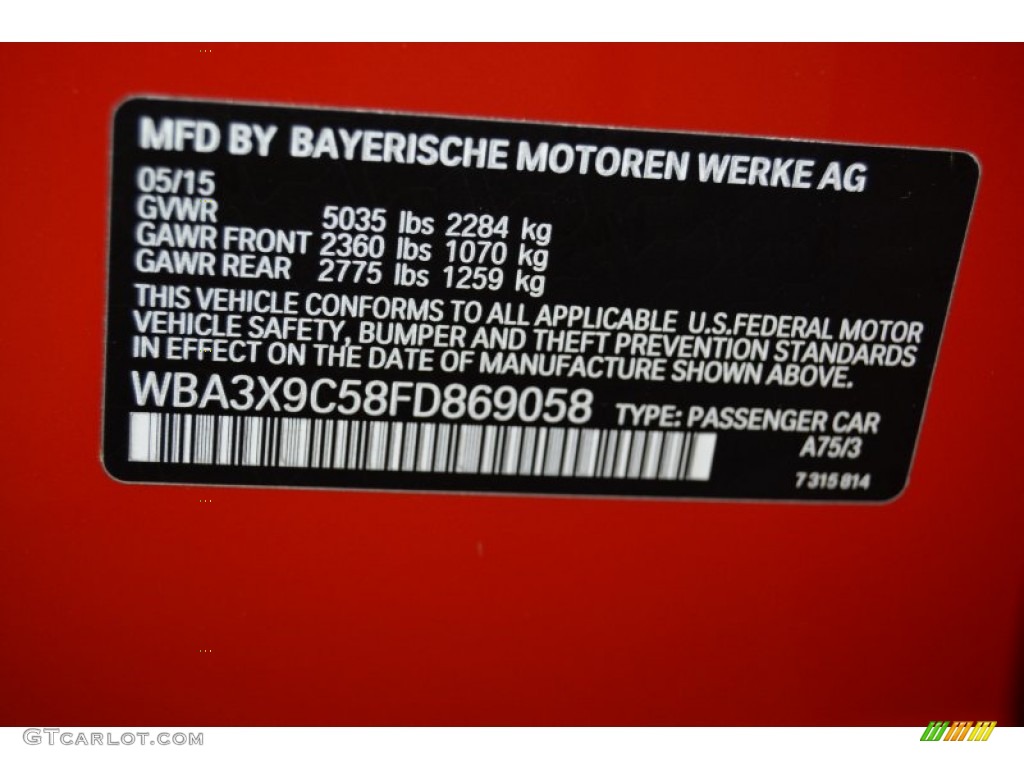 2015 BMW 3 Series 335i xDrive Gran Turismo Color Code Photos