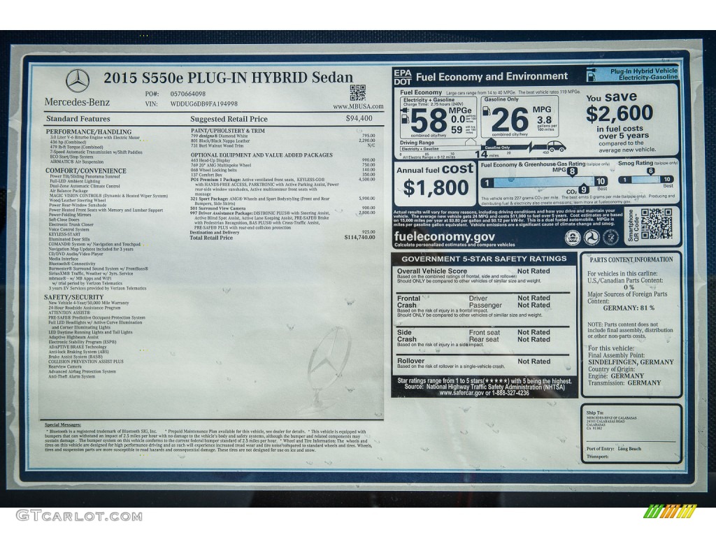 2015 Mercedes-Benz S 550e Plug-In Hybrid Sedan Window Sticker Photo #108231247