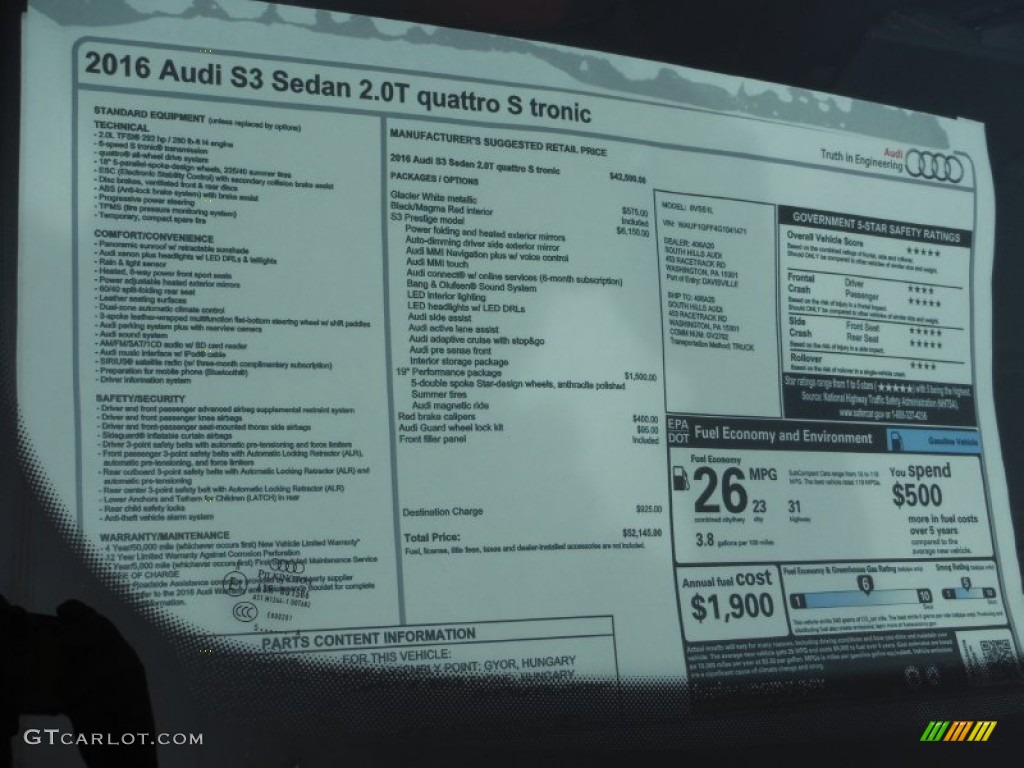 2016 Audi S3 2.0T Premium Plus quattro Window Sticker Photo #108263249