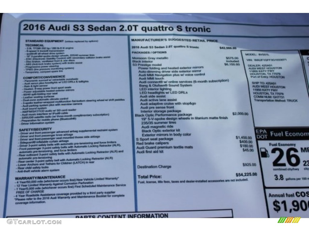 2016 Audi S3 2.0T Prestige quattro Window Sticker Photo #108276956