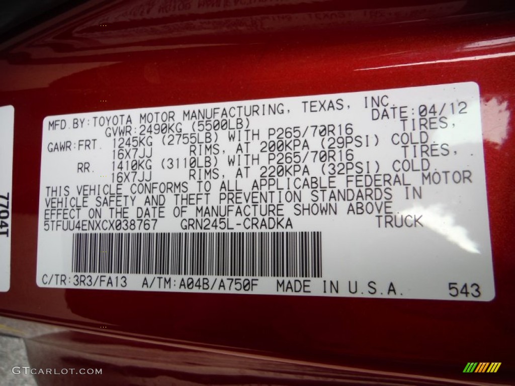 2012 Toyota Tacoma V6 TRD Access Cab 4x4 Color Code Photos