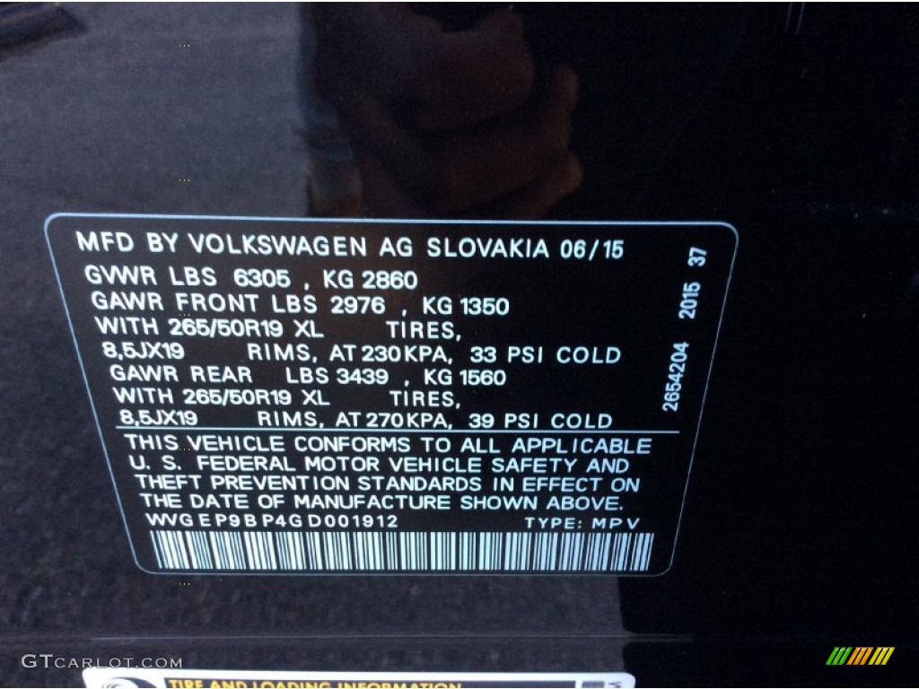 2016 Volkswagen Touareg TDI Lux Info Tag Photo #108280865