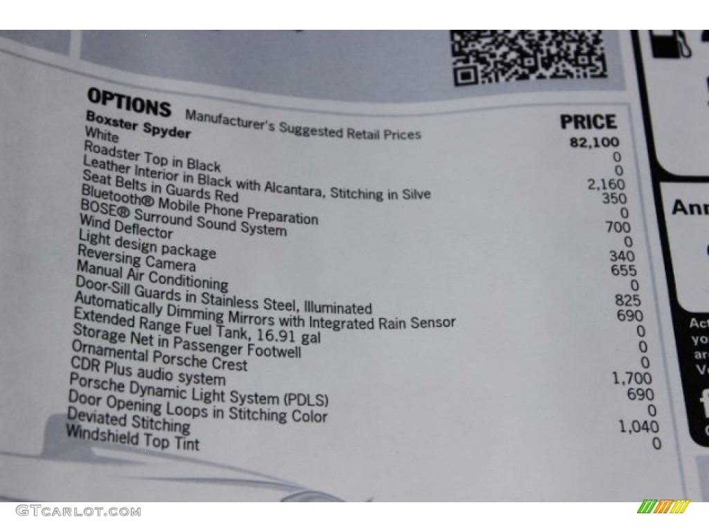 2016 Porsche Boxster Spyder Window Sticker Photo #108307860