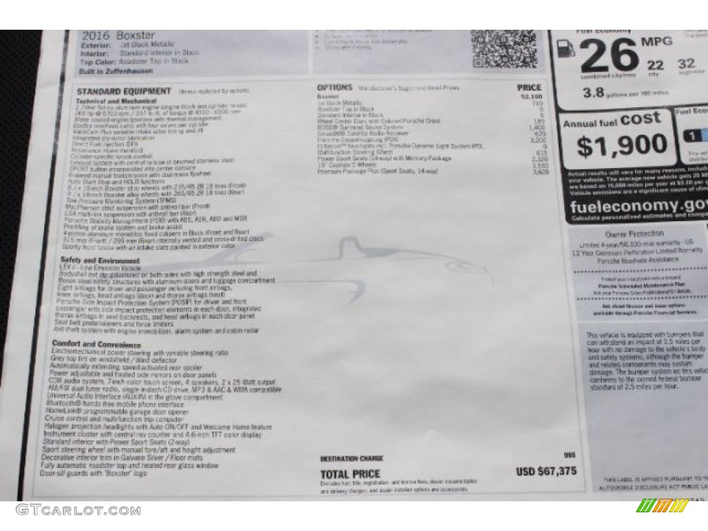 2016 Porsche Boxster Standard Boxster Model Window Sticker Photo #108308436