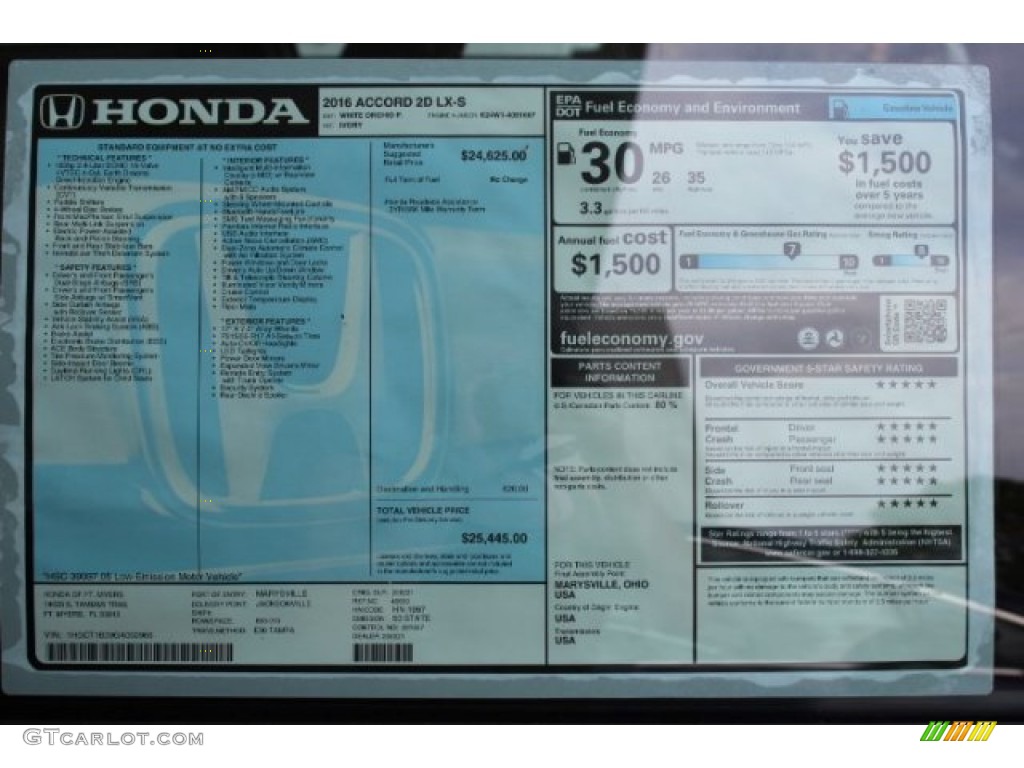 2016 Honda Accord LX-S Coupe Window Sticker Photo #108352071