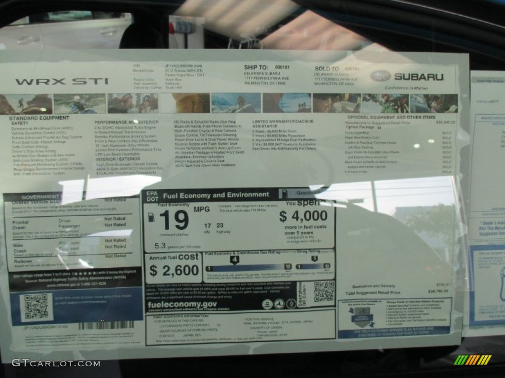 2016 Subaru WRX STI HyperBlue Limited Edition Window Sticker Photo #108357534
