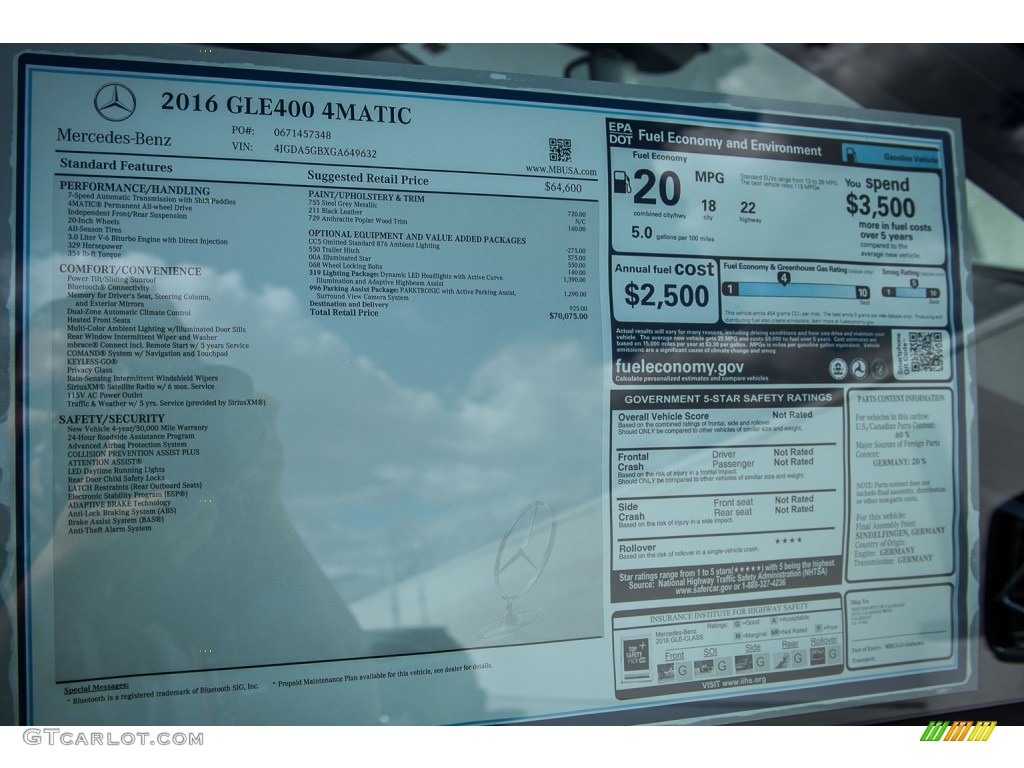 2016 Mercedes-Benz GLE 400 4Matic Window Sticker Photo #108366237