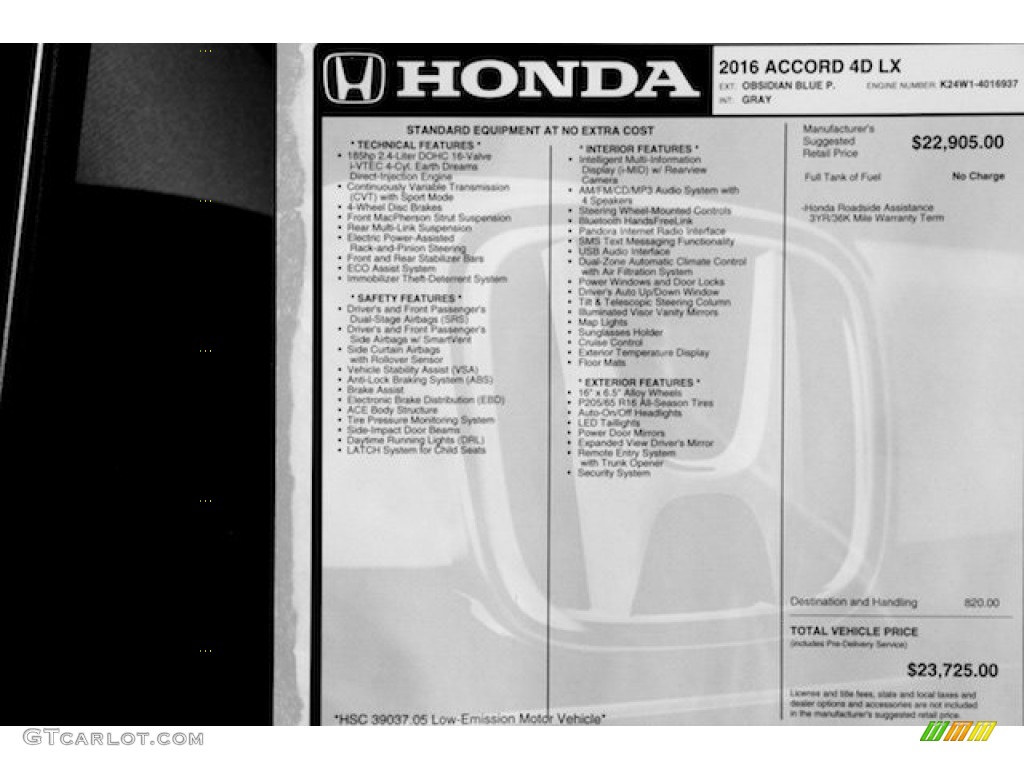 2016 Accord LX Sedan - Obsidian Blue Pearl / Gray photo #16