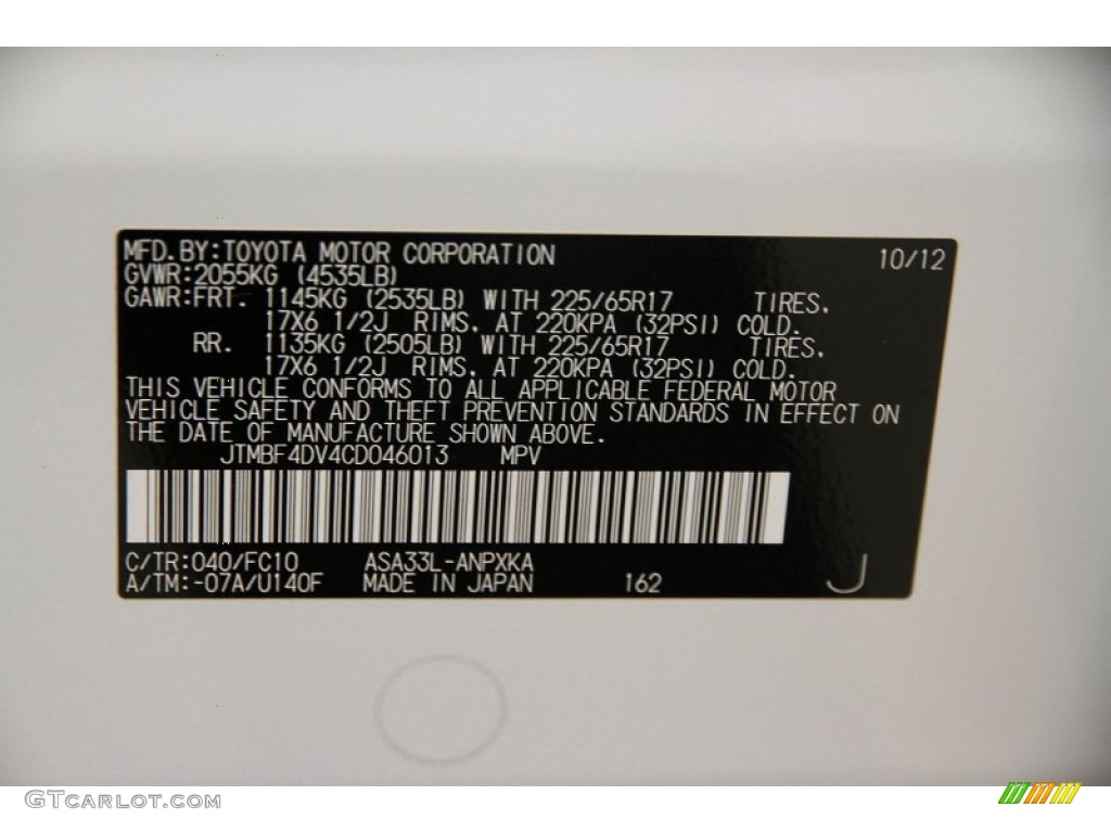 2012 RAV4 Color Code 040 for Super White Photo #108400761