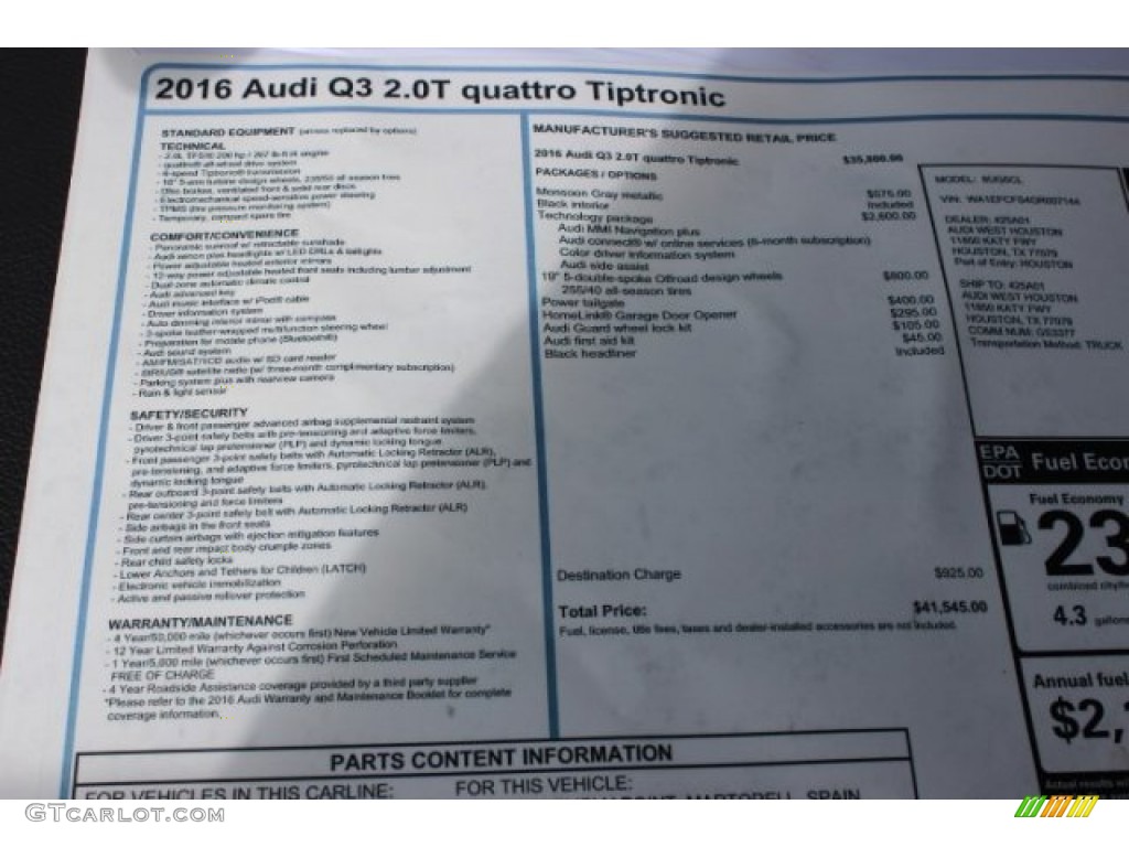 2016 Audi Q3 2.0 TSFI Premium Plus quattro Window Sticker Photo #108414588