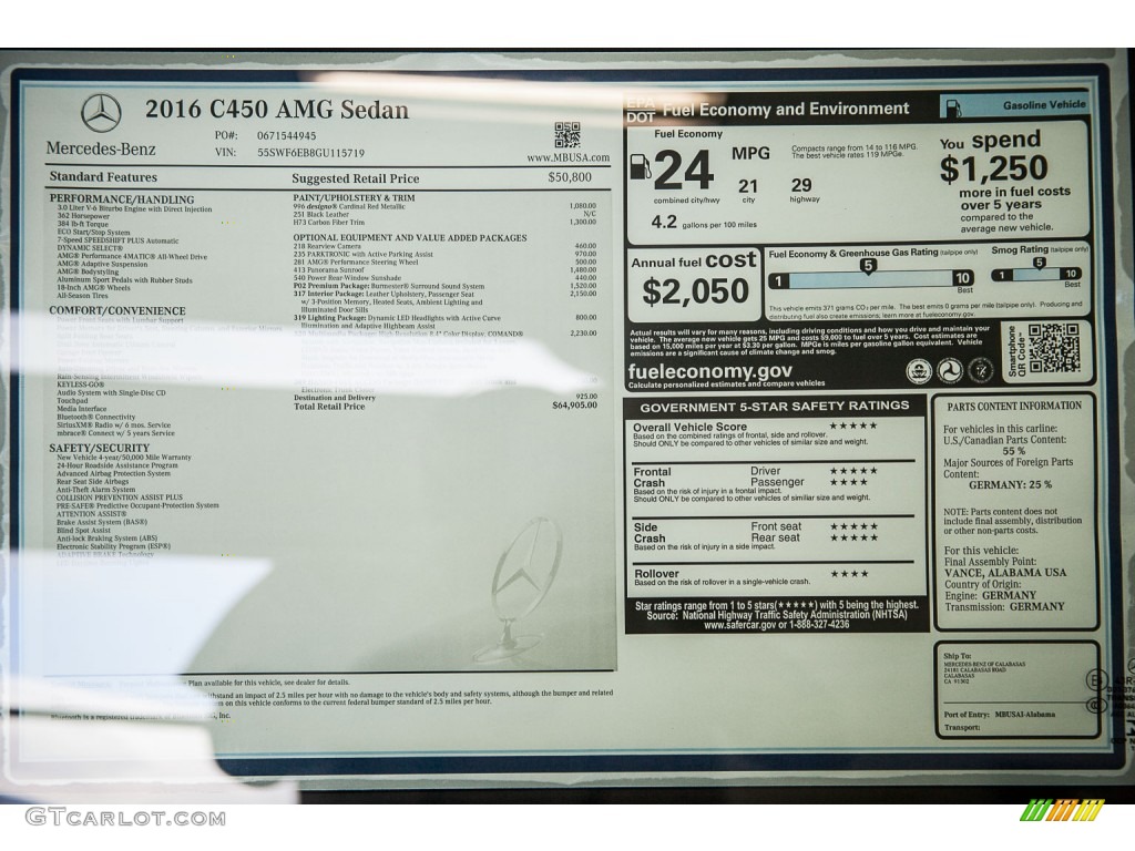 2016 Mercedes-Benz C 450 AMG Sedan Window Sticker Photo #108421317
