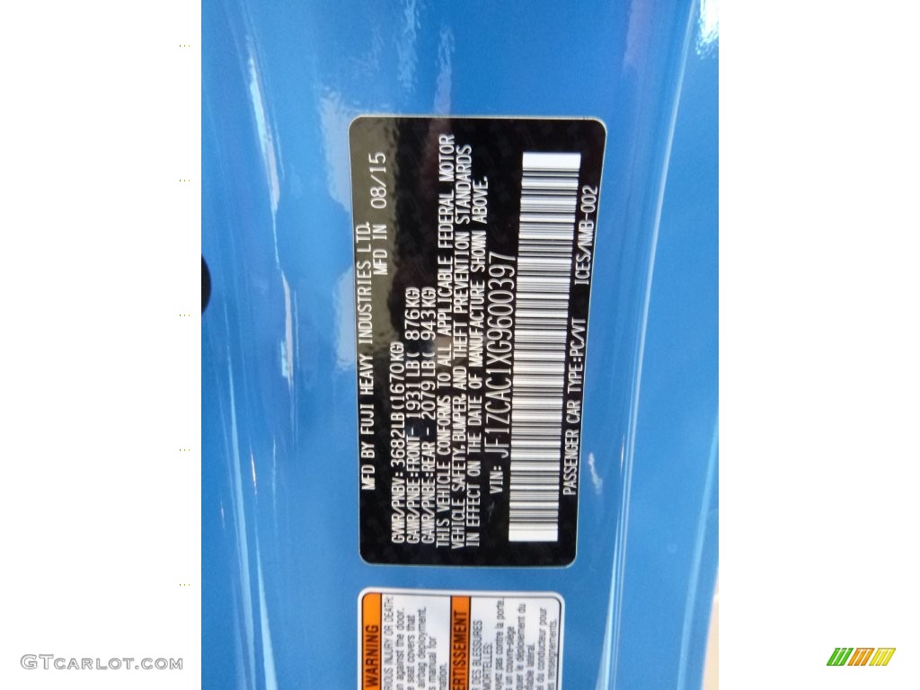 2016 Subaru BRZ HyperBlue Limited Edition Info Tag Photo #108423654