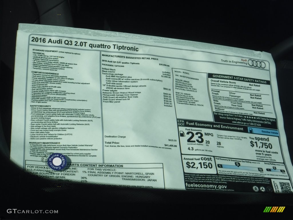 2016 Audi Q3 2.0 TSFI Premium Plus quattro Window Sticker Photo #108427008