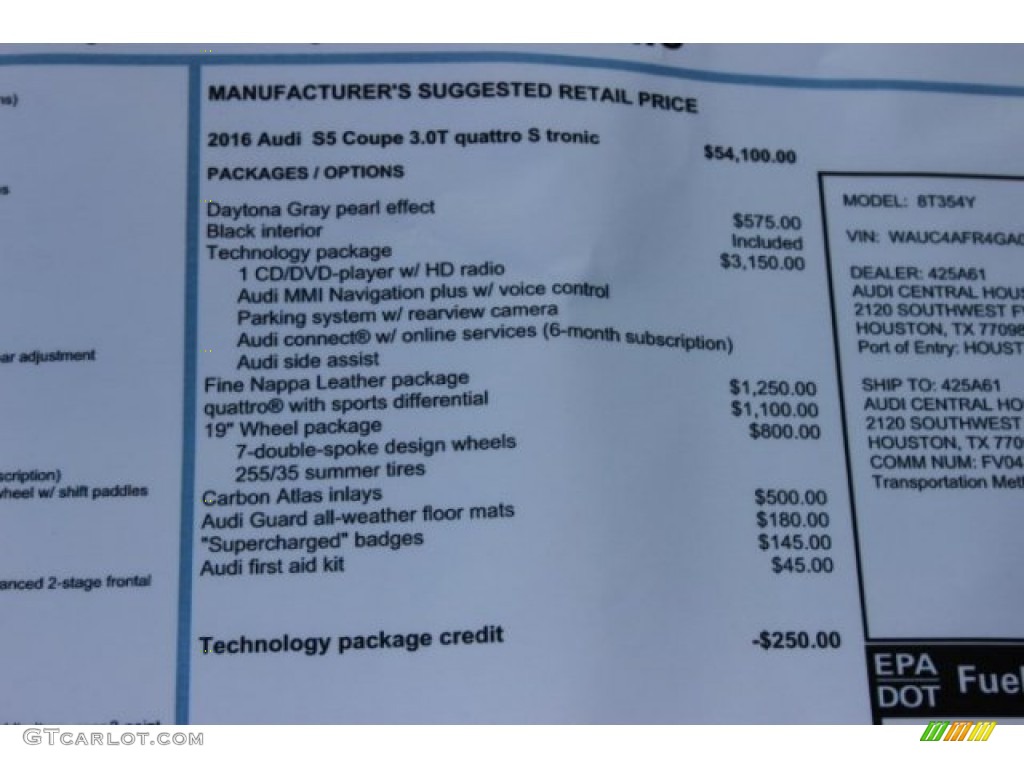 2016 Audi S5 Premium Plus quattro Coupe Window Sticker Photo #108456007
