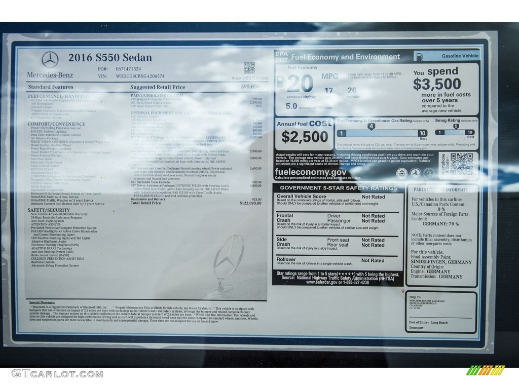 2016 Mercedes-Benz S 550 Sedan Window Sticker Photo #108461098