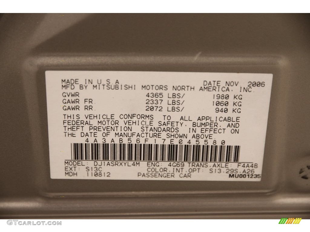 2007 Galant Color Code S13 for Platinum Beige Pearl Photo #108489077