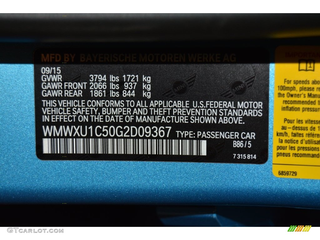 2016 Hardtop Color Code B86 for Electric Blue Metallic Photo #108489320