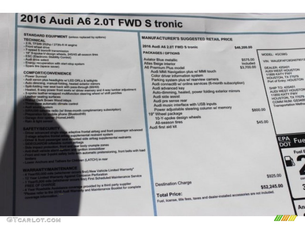 2016 Audi A6 2.0 TFSI Premium Plus Window Sticker Photo #108497732