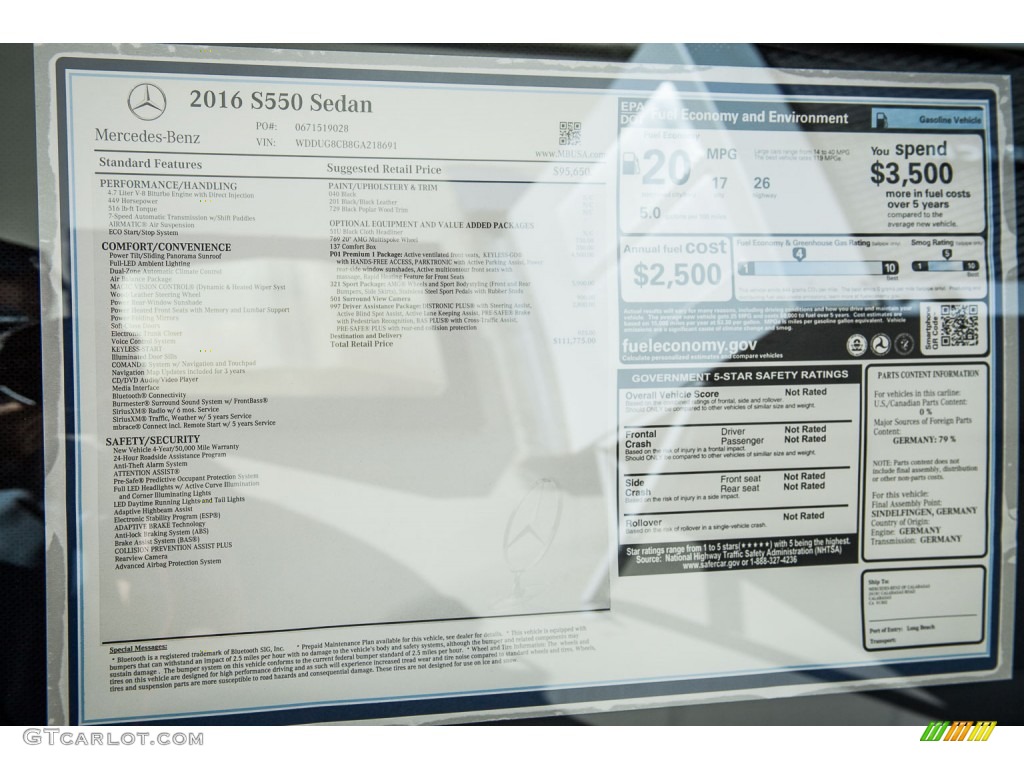 2016 Mercedes-Benz S 550 Sedan Window Sticker Photo #108528485