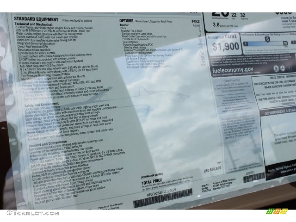 2016 Porsche Boxster Standard Boxster Model Window Sticker Photo #108534299