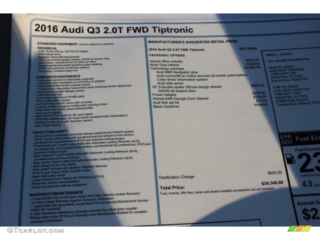 2016 Audi Q3 2.0 TSFI Premium Plus Window Sticker Photos