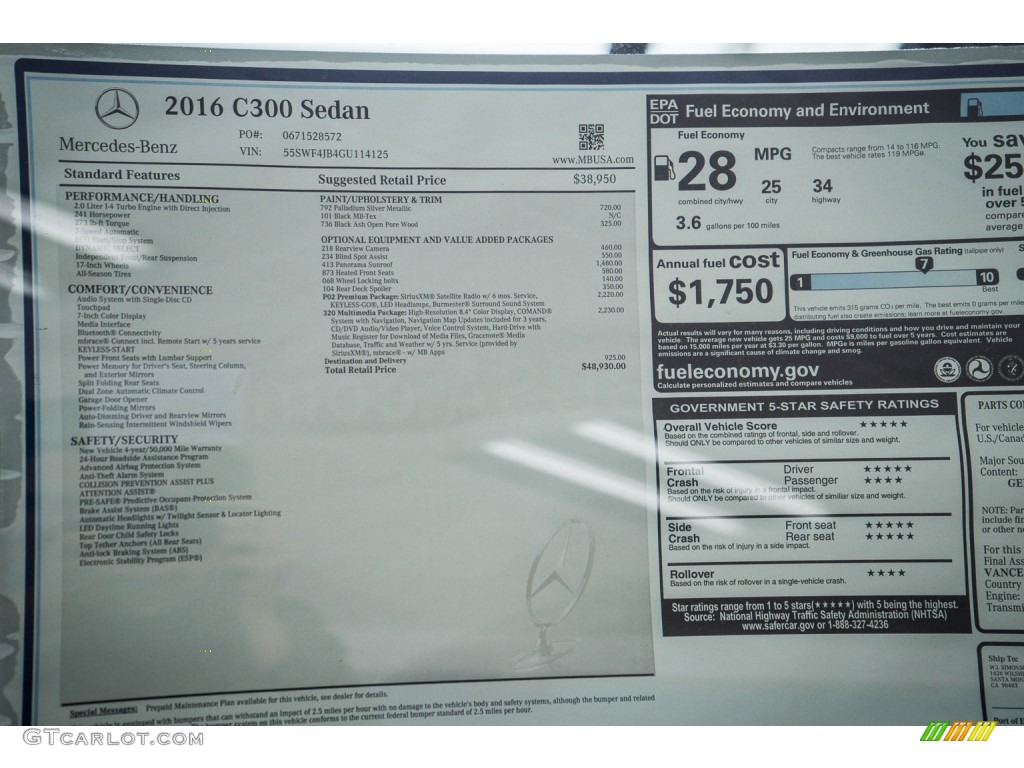 2016 Mercedes-Benz C 300 Sedan Window Sticker Photo #108589036