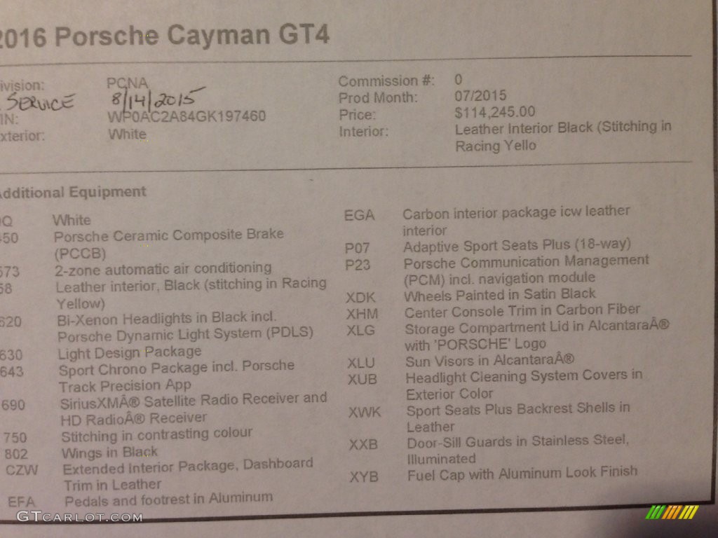 2016 Porsche Cayman GT4 Window Sticker Photo #108615839