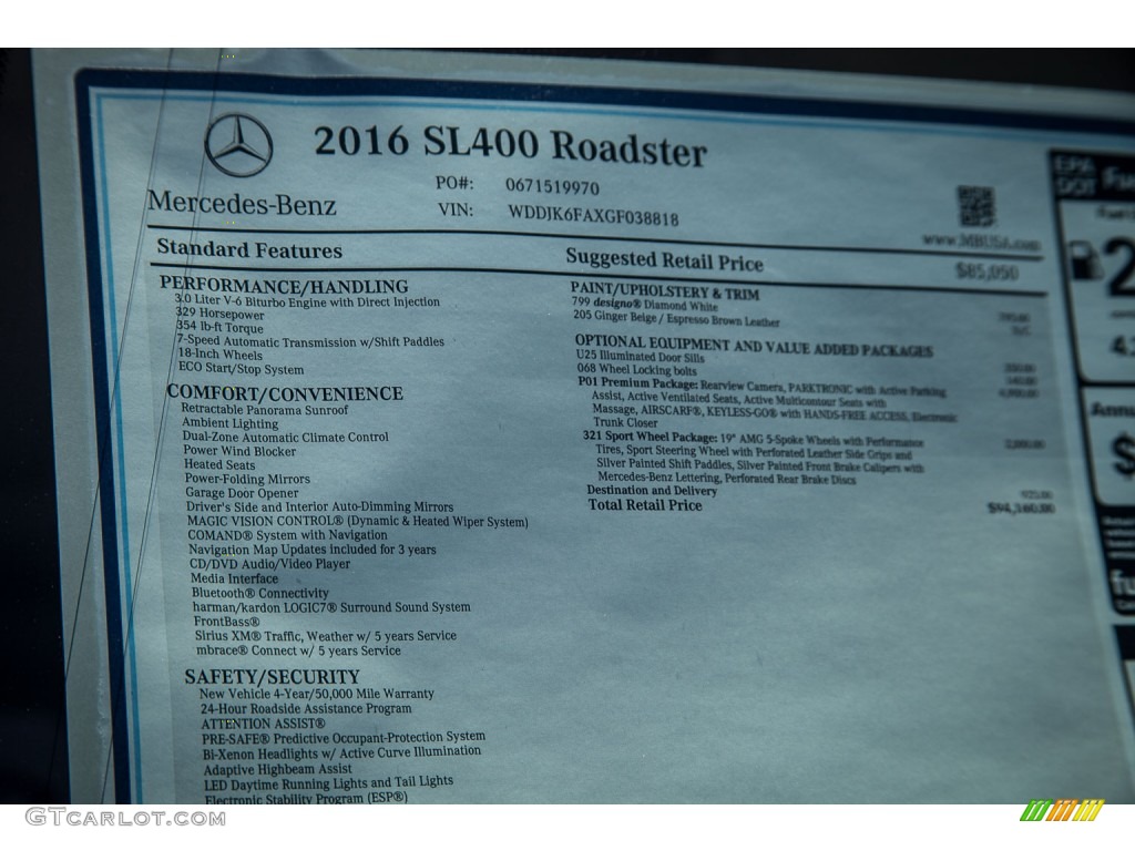 2016 Mercedes-Benz SL 400 Roadster Window Sticker Photo #108623189