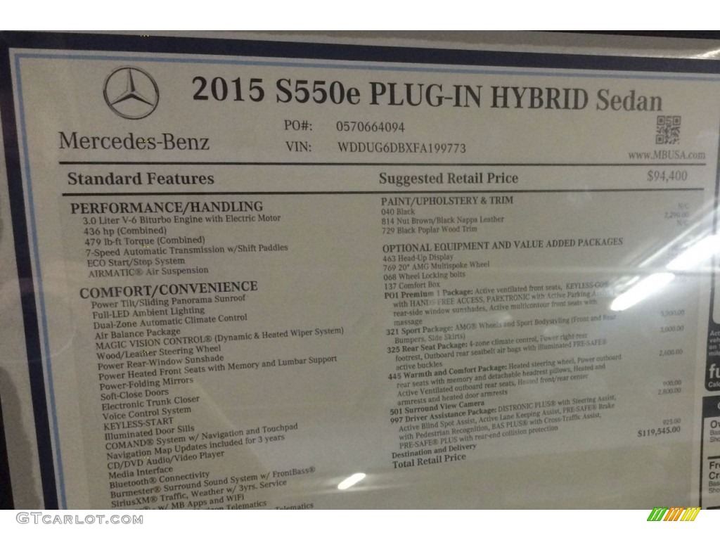 2015 Mercedes-Benz S 550e Plug-In Hybrid Sedan Window Sticker Photo #108625382