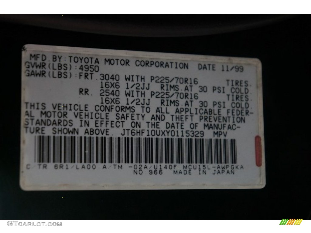 2000 Lexus RX 300 AWD Color Code Photos